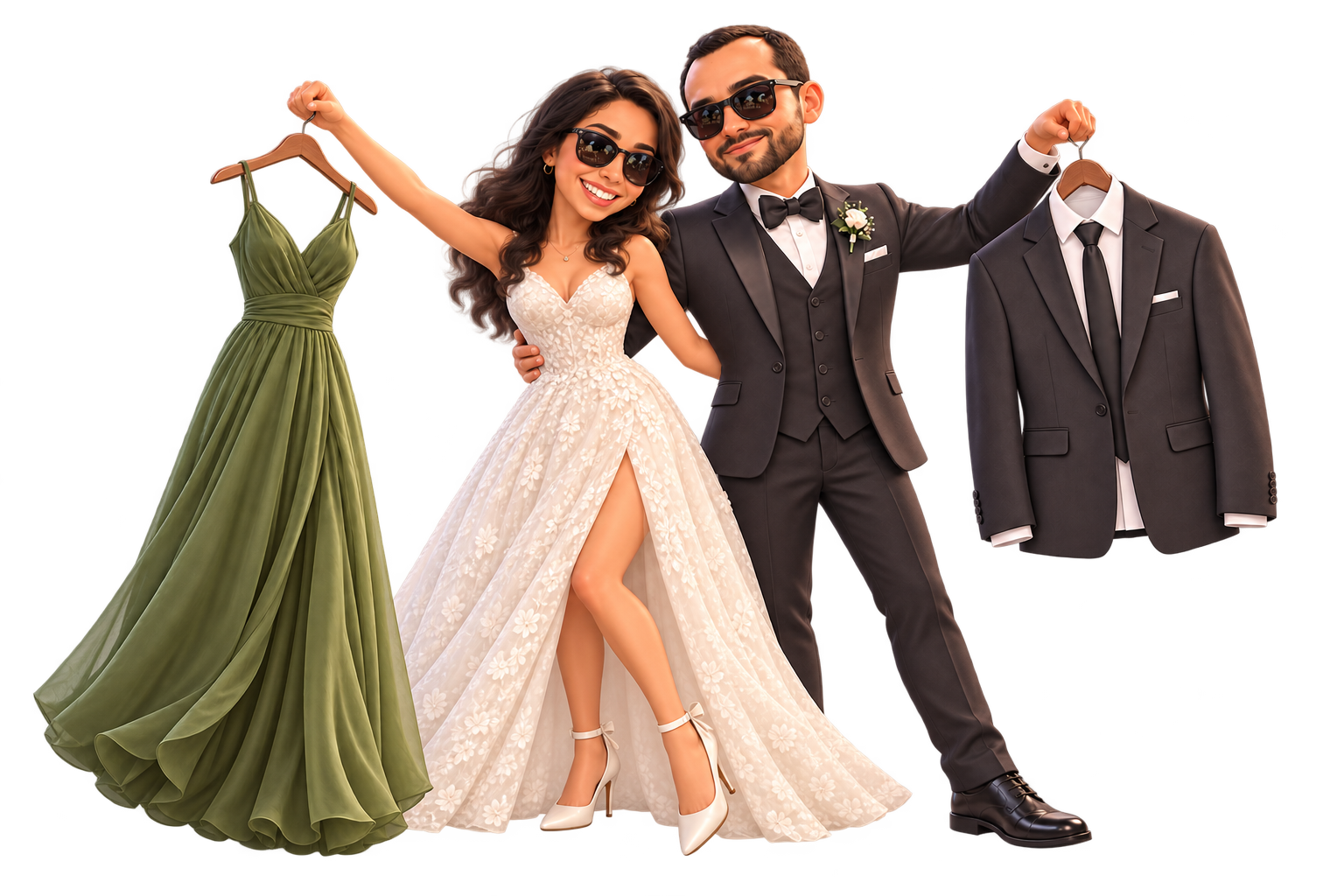 Fio sostiene un vestido largo y Andree un traje de hombre; los dos juntos en versión animada