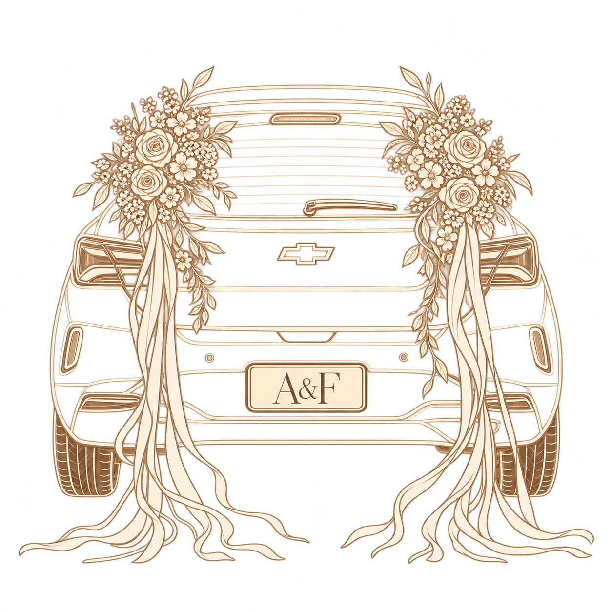 Ilustración de nuestro Chevrolet Onix desde atrás, adornado para la boda y con el monograma A y F en la placa